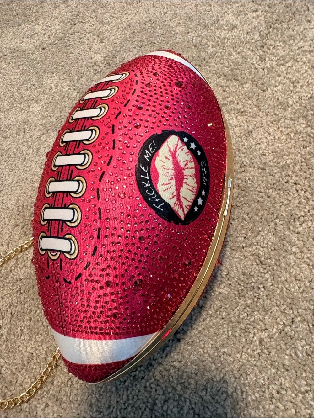 Betsy Johnson embellished Tackle Me pink Crystal Football Clutch w/gold Chain